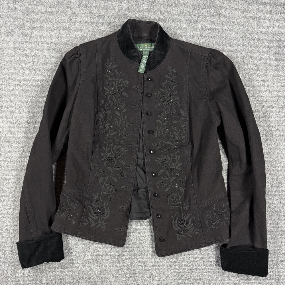 Lauren Ralph Lauren Denim Jacket Womens S Black Floral Embroidered Velvet Cuff